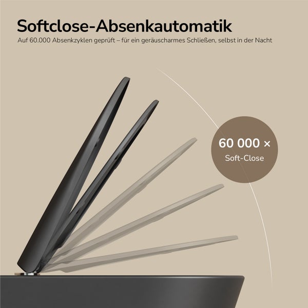 Toilettensitz mit Softclose-Absenkautomatik, auf 60.000 Zyklen geprüft für geräuscharmes Schließen.