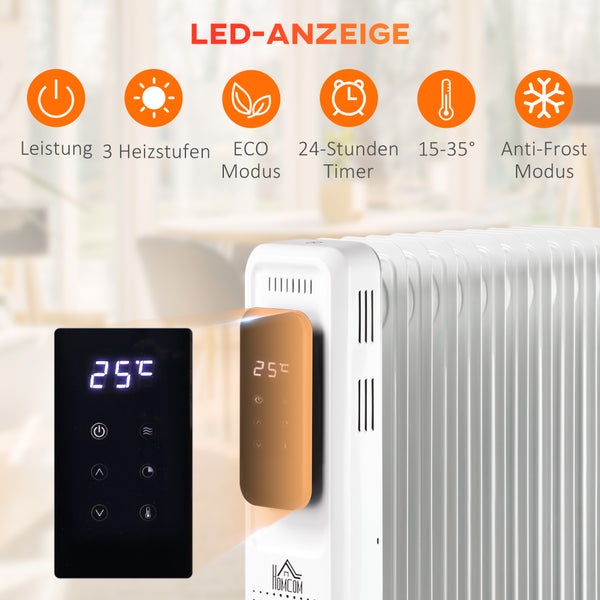 HOMCOM Ölradiator tragbar elektrisch Heizkörper 2000W 3 Heizstufen 24-Stunden-Timing elektrische Heizung 9 Heizplatten mit 4 Rollen Weiß Stahl 42,5 x 24 x 63 cm