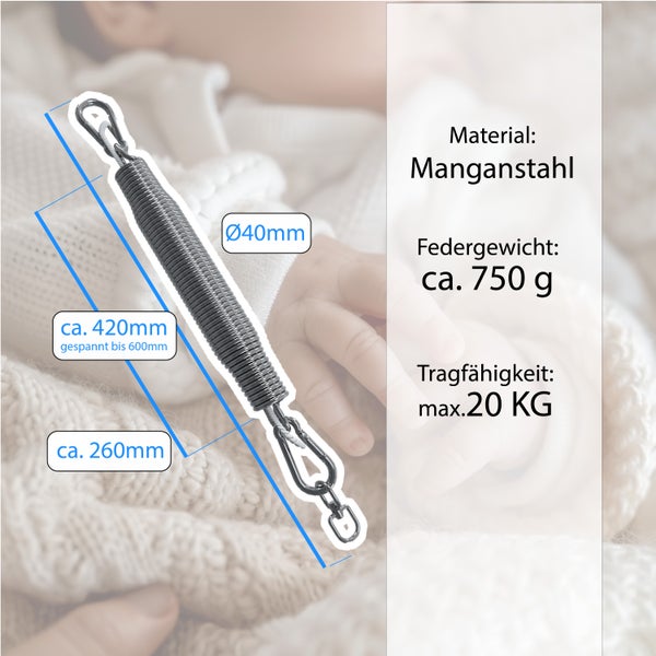 Manganstahl Feder für Hängematte mit 20 Kilogramm Tragfähigkeit und 420 Millimeter Länge.