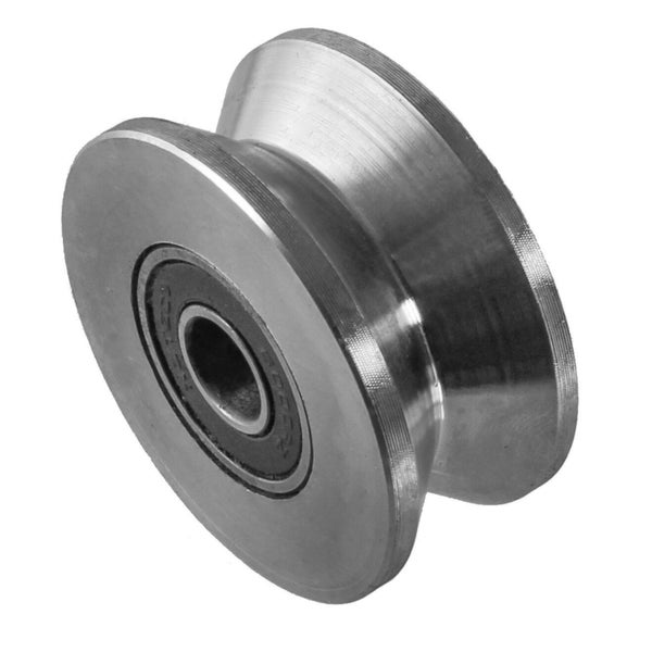 Eine metallene V-Nut-Laufrolle mit integriertem Kugellager für Schiebetore oder Führungsschienen.