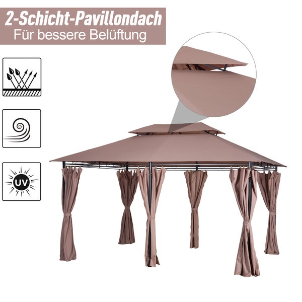 Outsunny Pavillon, 3 × 4m Gartenpavillon, Stahl, Polyester-Gewebe, Khaki, 300L x 400B x 280H cm