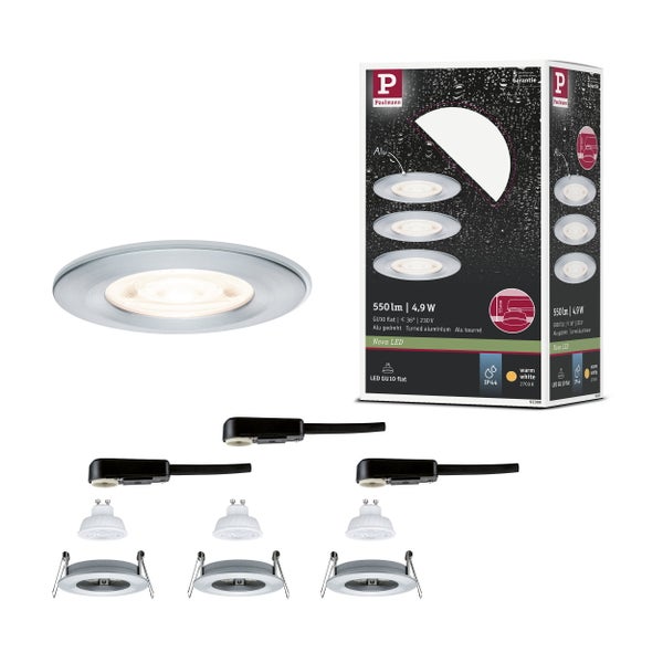 Paulmann Nova LED-Einbauleuchten-Set 3-teilig, Aluminium gedreht, GU10 flat, 4,9 Watt, 550 Lumen, IP44, warmweiß.