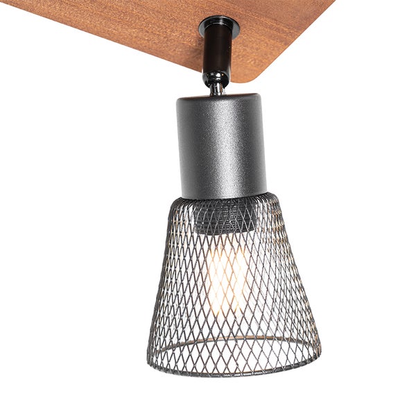Deckenleuchte mit Drahtschirm und Holzdetails