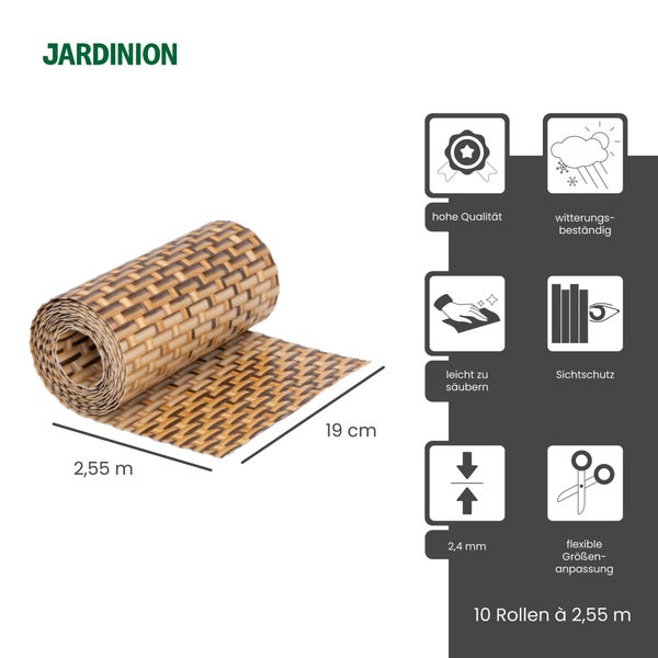 Jardinion Sichtschutzstreifen in Bambus-Optik, 19 Zentimeter breit, 10 Rollen zu je 2,55 Meter, wetterbeständig und einfach zu reinigen.