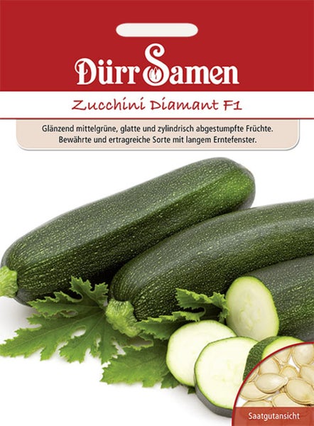 Samentüte für Zucchini Diamant F1 von Dürr Samen mit Abbildung von grünen Zucchinis, Scheiben und einer Ansicht des Saatguts.