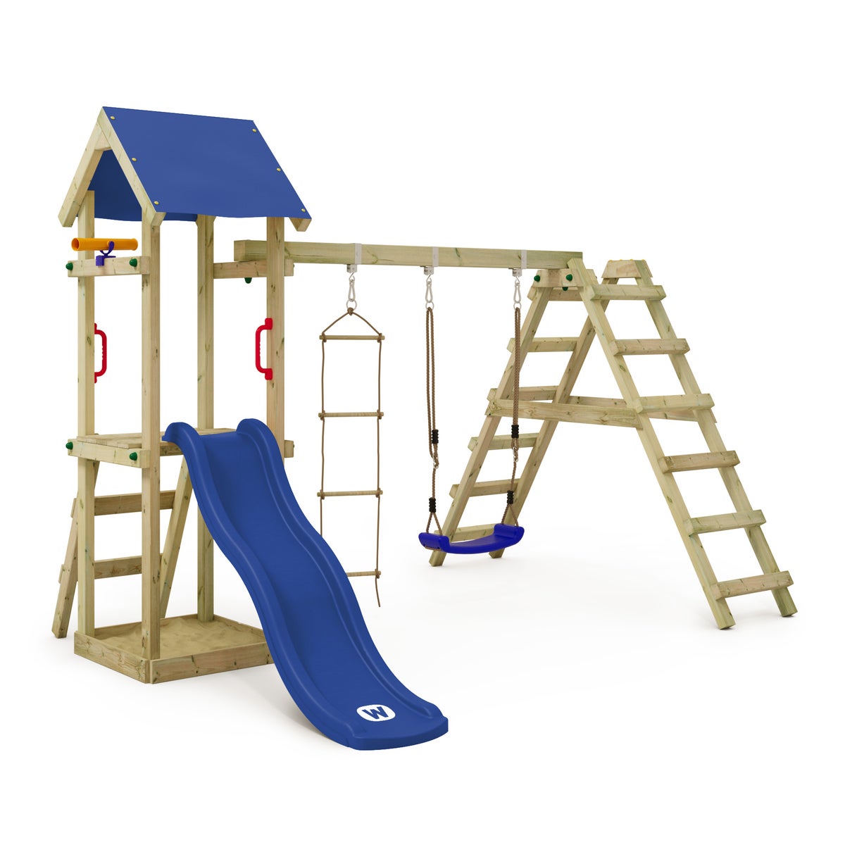 WICKEY Spielturm Klettergerüst TinyLoft mit Schaukel und Rutsche, Kletterturm mit Sandkasten, Leiter und Spiel-Zubehör - blau