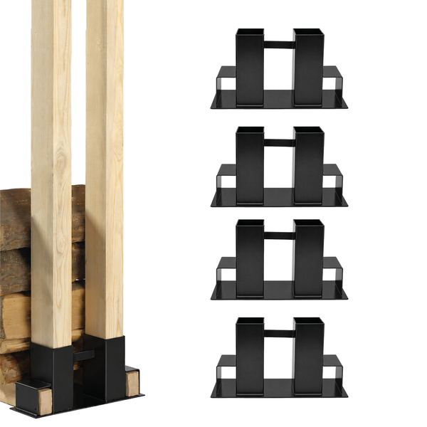 Set mit vier Metall Kaminholzregal Halterungen für Kantholz zur Konstruktion eines Holzstapelregals