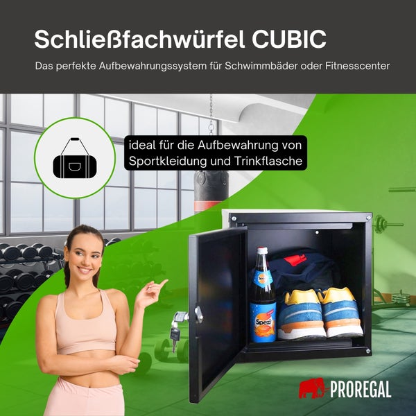 Proregal Schließfachwürfel CUBIC in einem Fitnessstudio, geöffnet und befüllt mit Sportschuhen, Kleidung und einer Trinkflasche. Proregal Logo.