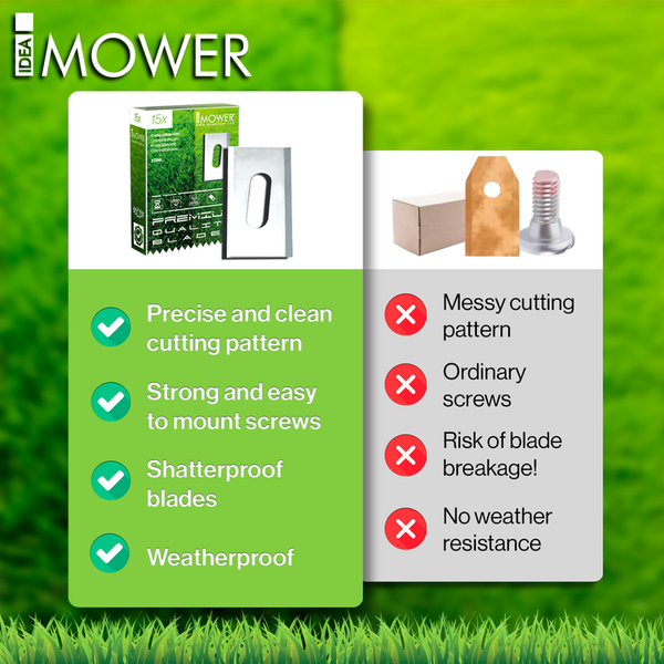 IMower Premium Qualitätsklingen Vergleich: Präzises Schnittmuster, starke und einfach zu montierende Schrauben, bruchsichere Klingen, wetterfest versus unsauberes Schnittmuster, gewöhnliche Schrauben, Risiko von Klingenbruch, keine Witterungsbeständigkeit