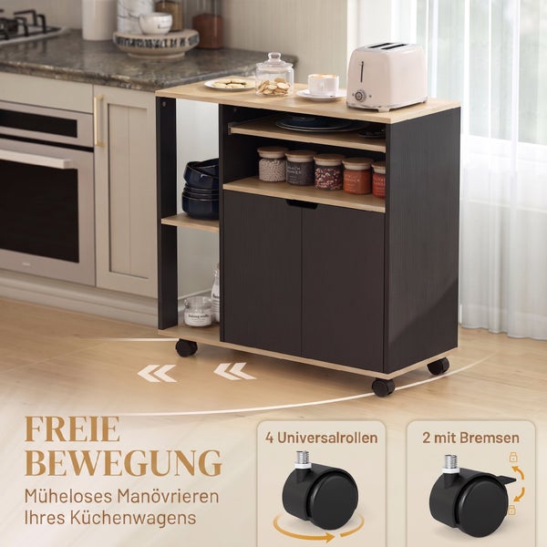 Küchenwagen mit Holzoptik und Regalfächern, ausgestattet mit vier Universalrollen für flexible Mobilität in der Küche.