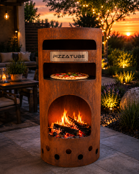 Pizzatube Pizzaofen und Feuerstelle aus rostigem Stahl mit Pizza auf einer Terrasse im Garten bei Sonnenuntergang.