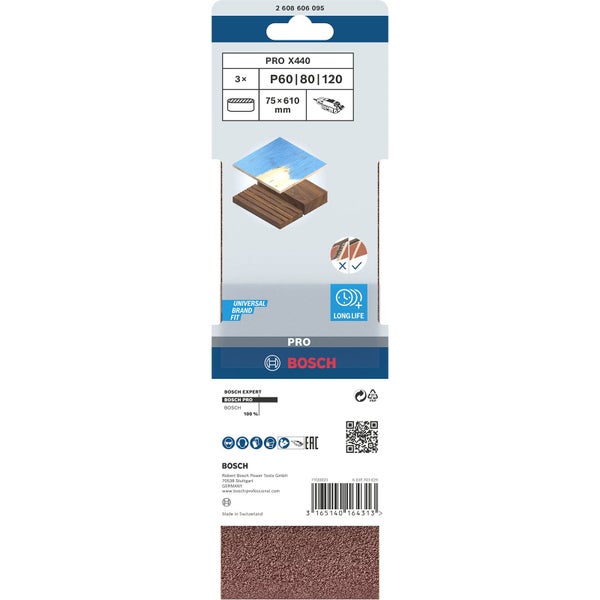Bosch Schleifstreifen Set, Körnung 60, 80 und 120, 75x610 Millimeter