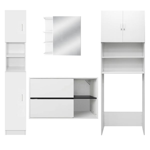 ML-Design Badmöbel-Set 4-teilig Badezimmermöbel Set Badmöbel Komplettset, Spiegelschrank Waschtisch mit Unterschrank Hochschrank Waschmaschinenschrank Badezimmerschrank, Modern Weiß Holz viel Stauraum