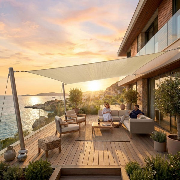 Modernes Sonnensegel über einer großzügigen Holzterrasse mit Lounge-Möbeln und Meerblick bei Sonnenuntergang.