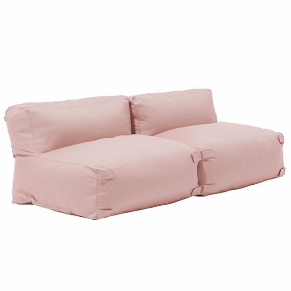 Rosa Zweisitzer Sitzsacksofa aus Stoff mit Rückenlehne und Verbindungsschlaufen.
