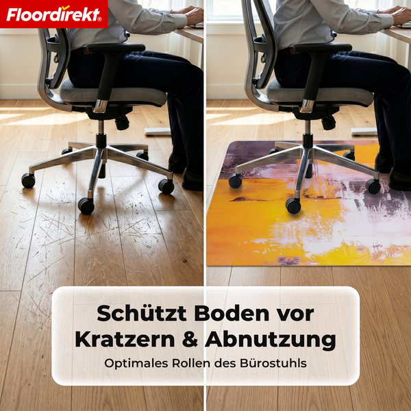 Floordirekt Logo. Bodenschutzmatte mit abstraktem Muster unter einem Bürostuhl auf Holzboden schützt vor Kratzern und Abnutzung.