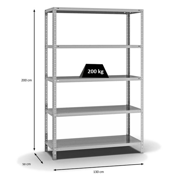 PROREGAL Fachbodenregal Schraubsystem Medium-Duty Grundregal HxBxT 200 x 130 x 50 cm 5 Ebenen Fachlast 200 kg Beidseitig Nutzbar Verzinkt