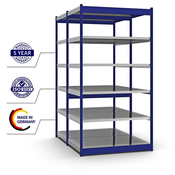 PROREGAL Fachbodenregal Stecksystem Vierkant-Profil Grundregal HxBxT 250 x 132,5 x 80 cm 2x6 Ebenen Doppelseitige Bauart Fachlast 200 kg Enzianblau