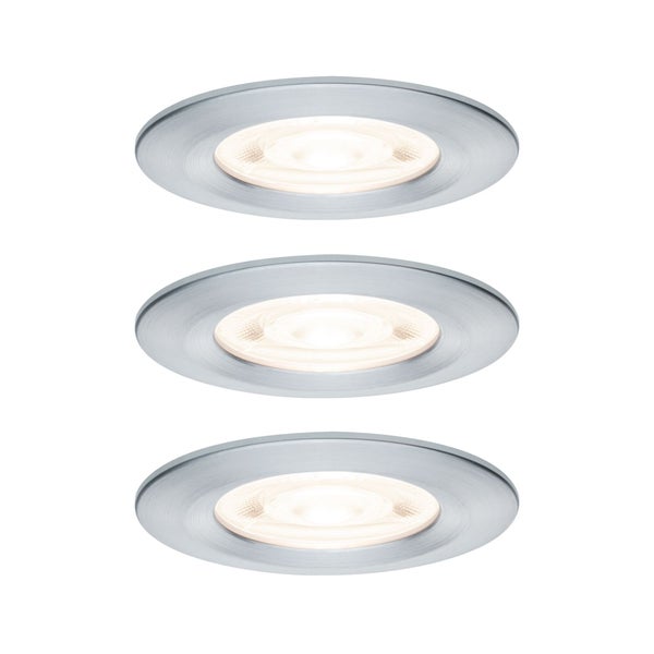 Dreierset runde LED-Einbaustrahler aus gebürstetem Metall mit warmweißem Licht.