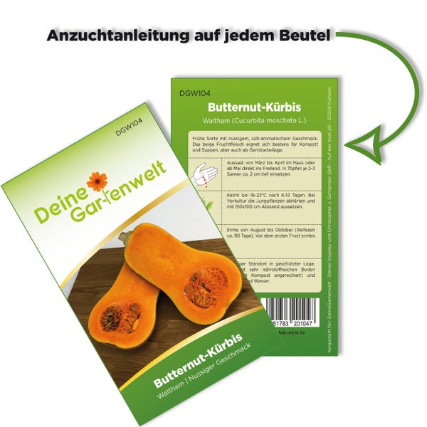 Deine Gartenwelt Samenpaket Butternut-Kürbis Waltham mit Anzuchtanleitung auf der Rückseite.