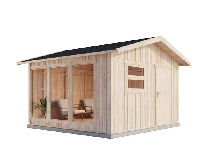 Gartenhaus aus hellem Holz mit Satteldach, drei großen bodentiefen Fenstern, einer Holztür und einem Seitenfenster.