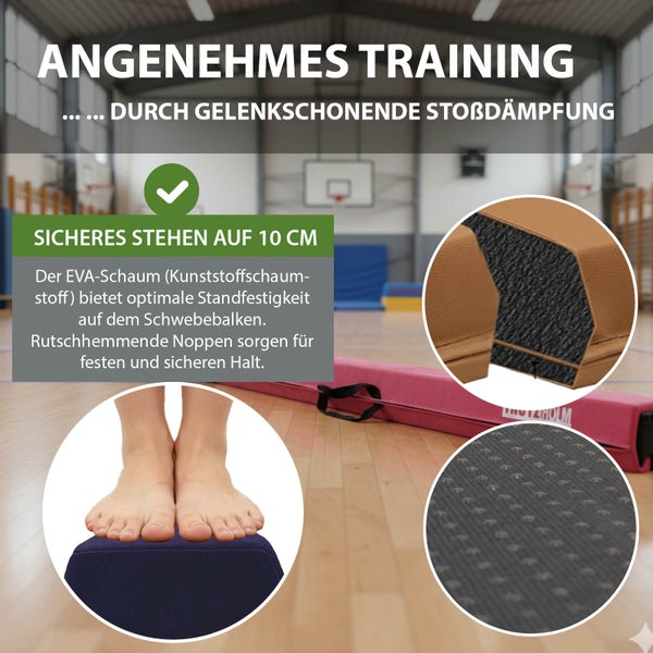 Schwebebalken aus EVA-Schaumstoff mit rutschhemmender Unterseite für gelenkschonendes Training, 10 Zentimeter breite Standfläche.