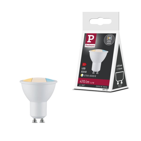 Paulmann LED Leuchtmittel GU10, 470 Lumen, 5,9 Watt, Weißton einstellbar von 2700 bis 6500 Kelvin, mit Verpackung.