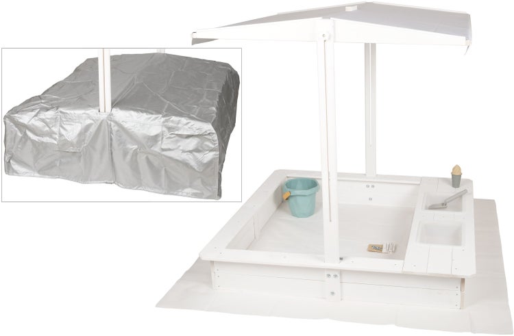 WONDERMAKE® Design Sandkasten mit Matschküche, Dach, Abdeckung OXFORD 420D, Vliesfolie, Sandkiste Holz quadratisch verschließbar Outdoor Garten für Kinder, weiß silber