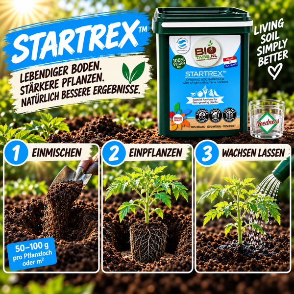 Startrex Bio Bodenverbesserer in Eimer mit Anleitung zur Anwendung in drei Schritten für gesundes Pflanzenwachstum.