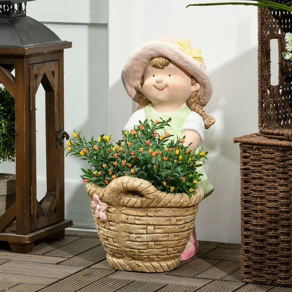 Outsunny Gartenfigur Mädchen mit Blumentopf, Wetterbeständige Gartenstatue, für Heimdekoration, Garten, Hof, 20L x 30B x 40H cm, Magnesium-Oxid, Mehrfarbig
