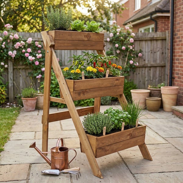 Etagen-Hochbeet aus Holz mit drei Ebenen, bepflanzt mit Kräutern und Blumen auf einer gepflasterten Terrasse im Garten.