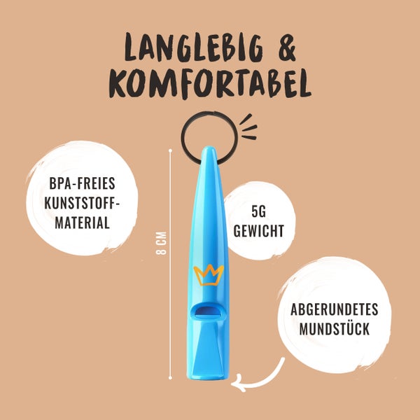 Blaue Hundepfeife aus BPA freiem Kunststoff mit Schlüsselring, acht Zentimeter lang, fünf Gramm leicht und abgerundetem Mundstück
