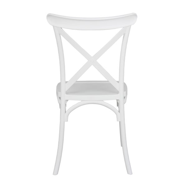 Set aus 4 weißen Kunststoffstühlen mit Kreuzrückenlehne im Bistro-Stil.