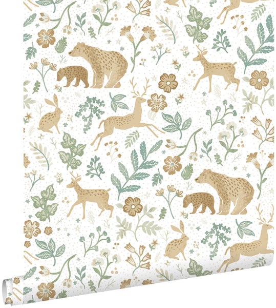 Tapetenrolle mit Bären, Rehen, Hasen und Blumenmuster
