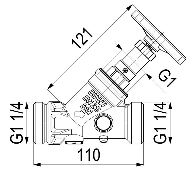 Technische Zeichnung eines Schrägsitzventils mit Maßangaben 110 Millimeter Länge, 121 Millimeter Höhe und G 1 1/4 Zoll Anschlüssen.