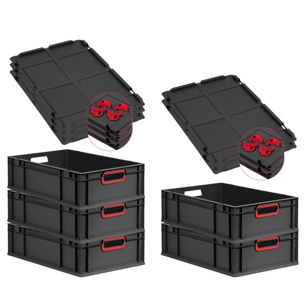 PROREGAL SuperSparSet 5x Eurobox NextGen Color mit Auflagedeckel und Schiebeschnappverschlüsse, HxBxT 17x40x60cm, 34 Liter, Schwarz, Griffe rot offen, Eurobehälter, Transportbox, Transportbehälter, Stapelbehälter