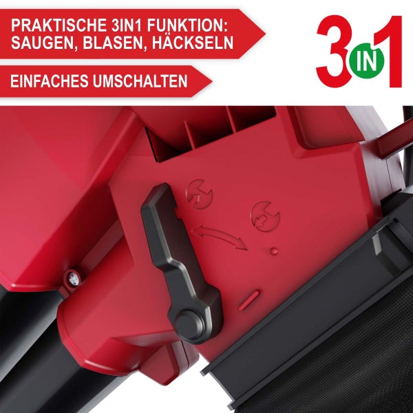 Detailansicht des Umschalthebels für die drei in eins Funktion zum Saugen, Blasen und Häckseln.
