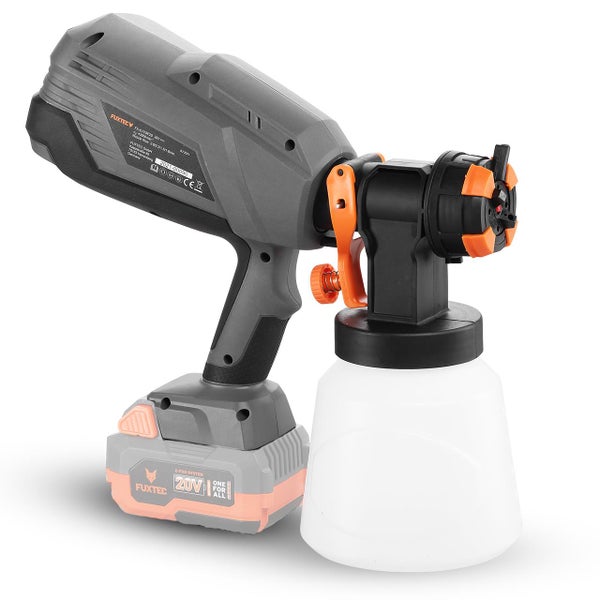 Akku-Farbsprühpistole Fuxtec 20 Volt, Grau und Orange, mit weißem Farbbehälter und ergonomischem Griff.