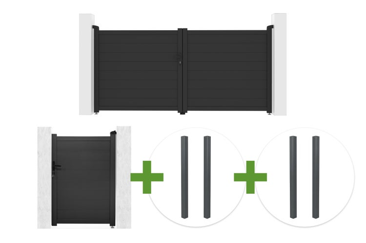 Set bestehend aus zweiflügeligem Einfahrtstor, einflügeliger Gartentür und zusätzlichen Pfosten in modernem Design mit Querlamellen.