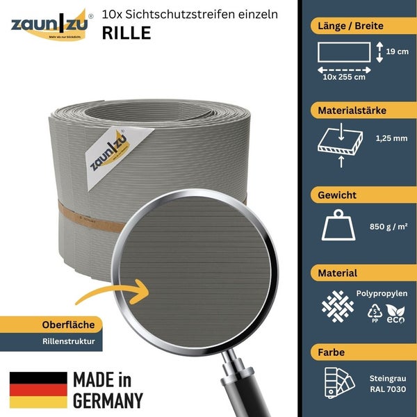 Zehn Sichtschutzstreifen mit Rillenstruktur aus Polypropylen, Steingrau RAL 7030, jeweils 255 cm lang und 19 cm breit