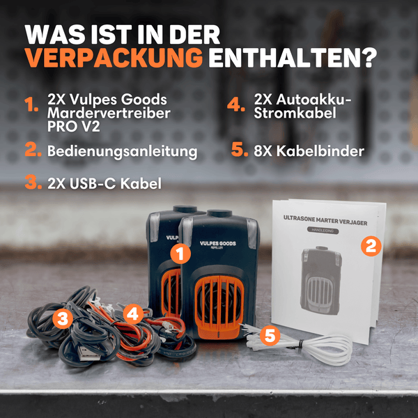 Vulpes Goods Marderschreck Auto - Marderabwehr Ultraschall & Blitzlicht - Marderschutz - 12V Auto, USB - 2 Stück