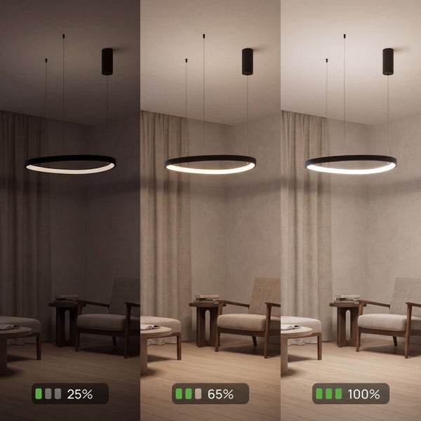 Moderne LED-Pendelleuchte in Ringform in einem Wohnzimmer, dargestellt in drei Helligkeitsstufen: 25 Prozent, 65 Prozent und 100 Prozent.