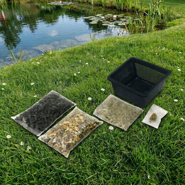 Teichpflanzset mit quadratischem Gitterkorb, Substrat, Kies, Wasserpflanzen und Samen auf einer Rasenfläche an einem Teich.