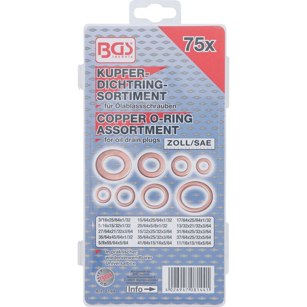 BGS Dichtring-Sortiment Kupfer Zollgrößen für Öl-Ablassschrauben 75tlg. - 8144