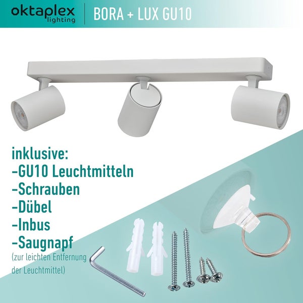 Bora Deckenstrahler 3-flammig GU10 LED Leuchtmittel 400lm 2700K warmweiß schwenkbar Spotbalken für Decken und Wände weiß