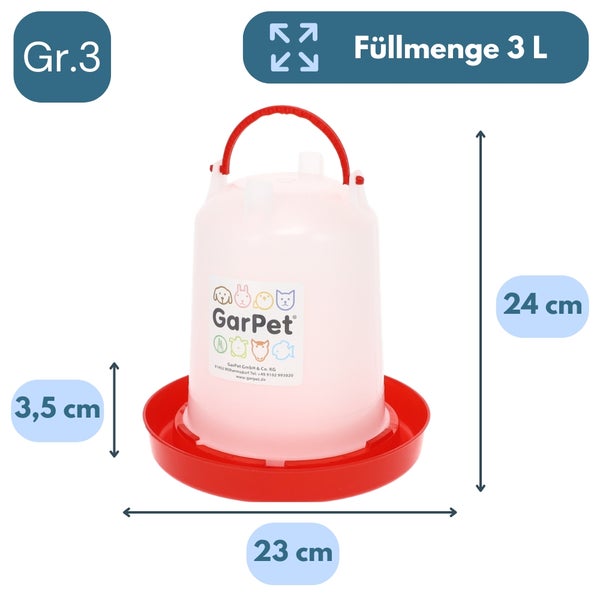 GarPet Geflügeltränke Größe 3, 3 Liter Füllmenge, Höhe 24 Zentimeter, Durchmesser 23 Zentimeter, Randhöhe 3,5 Zentimeter.