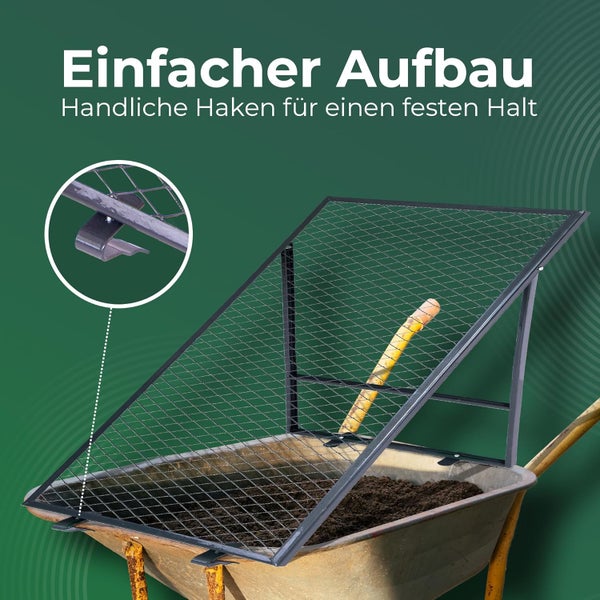 Durchwurfsieb für Schubkarren mit Metallrahmen, Gittergewebe und Haken für einfachen Aufbau und festen Halt.