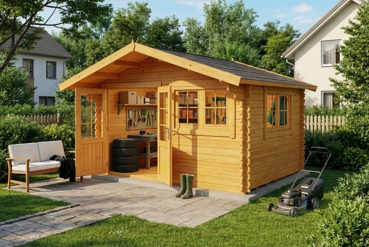 Holzgartenhaus mit Gartengeräten im Außenbereich