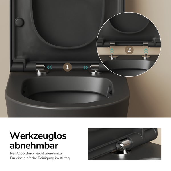 Schwarzer Toilettensitz mit werkzeugloser Abnahmefunktion per Knopfdruck für einfache Reinigung, Detailansicht des Klick-Mechanismus.
