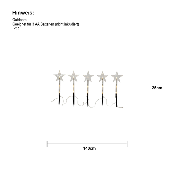 Batteriebetriebene Outdoor-Lichterkette mit fünf Sternen und Erdspießen, 140 mal 25 Zentimeter